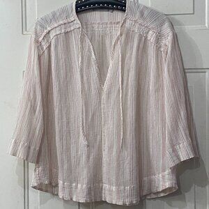 Vince Sz S Oversize Blouse Tie Neck 3/4 Sleeve White/Pink Striped Crinkle